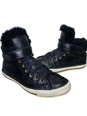 Converse Black Leather High-Tops Winter Boots Fleece Fur Lined Sz 9-9.5 Sneakers